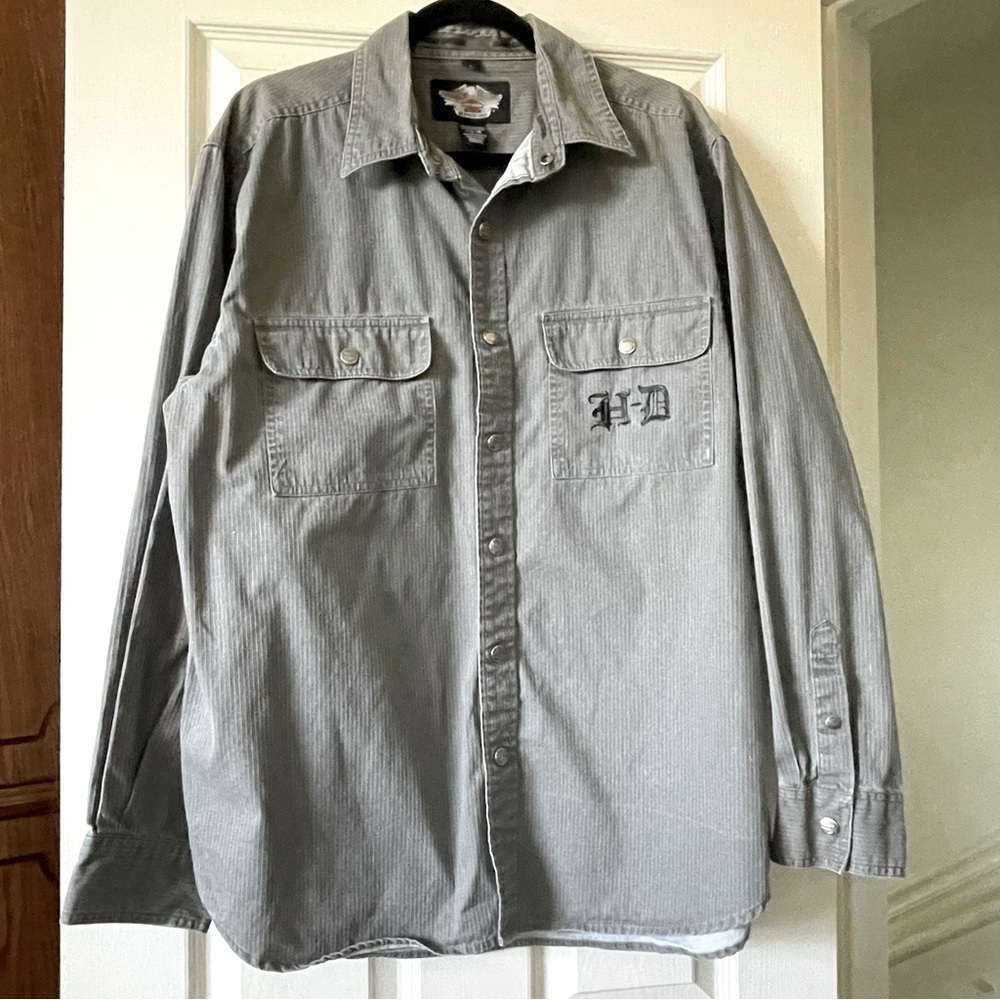 Harley Davidson 2008 Ripstop Snap Button Long Sleeve Shirt Sage Gray Men Large